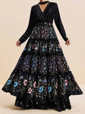 Black Boho Women's Chiffon Floral Tiered Ruffle Maxi Skirt